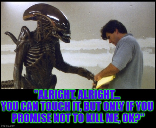 "ALRIGHT, ALRIGHT... 
YOU CAN TOUCH IT, BUT ONLY IF YOU 
PROMISE NOT TO KILL ME, OK?" | made w/ Imgflip meme maker