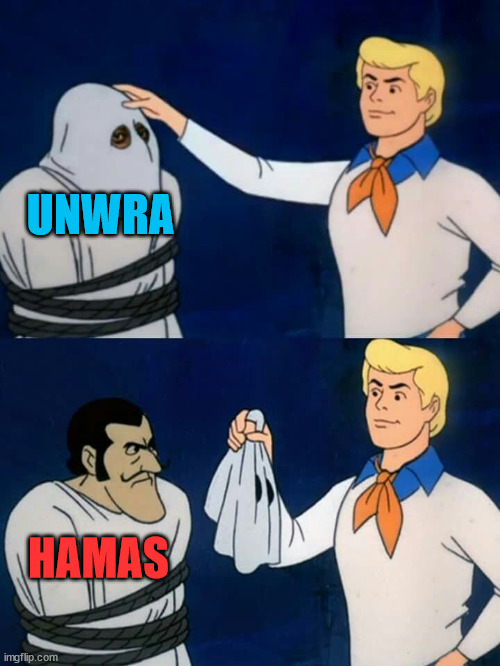 Scooby doo mask reveal | UNWRA; HAMAS | image tagged in scooby doo mask reveal | made w/ Imgflip meme maker