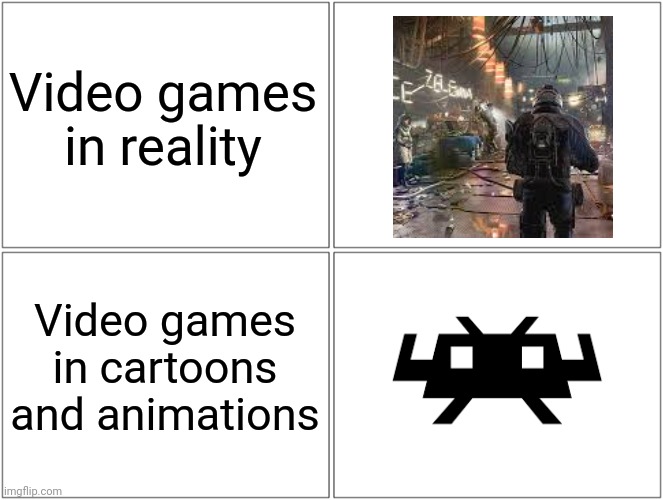 Animators are making most the games in cartoons retro | Video games in reality; Video games in cartoons and animations | image tagged in memes,blank comic panel 2x2,gaming,animation,cartoon,cartoons | made w/ Imgflip meme maker