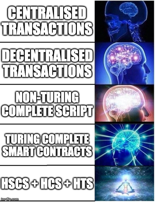 blockchain enlightenment | CENTRALISED TRANSACTIONS; DECENTRALISED TRANSACTIONS; NON-TURING COMPLETE SCRIPT; TURING COMPLETE SMART CONTRACTS; HSCS + HCS + HTS | image tagged in expanding brain to enlightenment | made w/ Imgflip meme maker