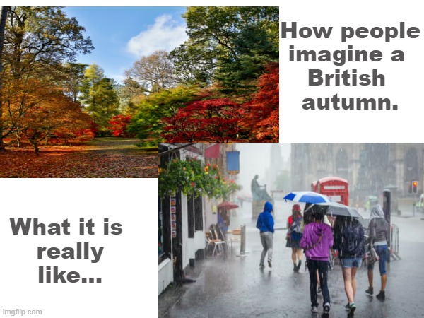 Autumn in the UK | How people
imagine a 
British 
autumn. What it is 
really like... | image tagged in autumn,weather | made w/ Imgflip meme maker