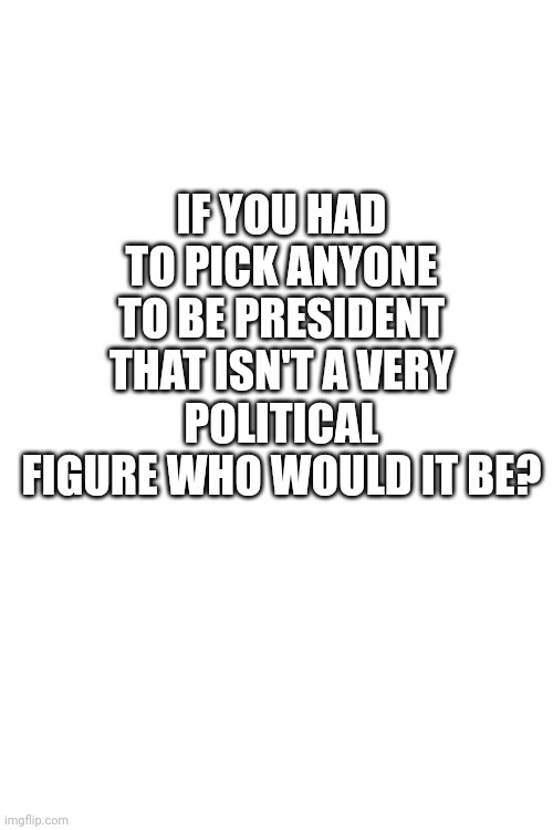 Who? | IF YOU HAD TO PICK ANYONE TO BE PRESIDENT THAT ISN'T A VERY POLITICAL FIGURE WHO WOULD IT BE? | image tagged in president | made w/ Imgflip meme maker