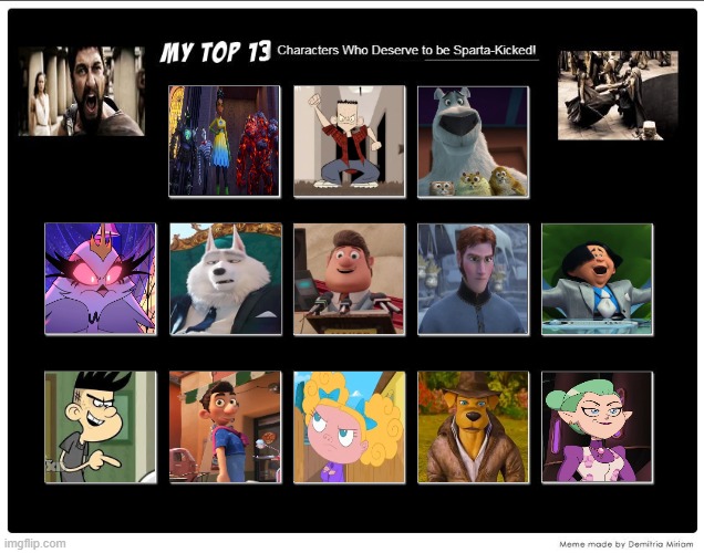 Top 13 Characters Who Deserve to be Sparta-Kicked! Part 2 | image tagged in this is sparta,helluva boss,the owl house,phineas and ferb,fosters home for imaginary friends,kick buttowski | made w/ Imgflip meme maker