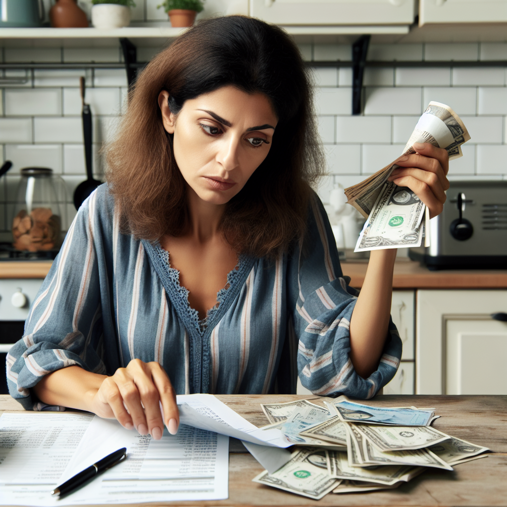 housewife checks bills and accounts, while counting money at kit Blank Meme Template