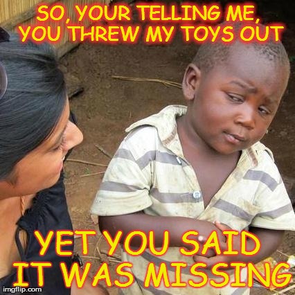 My cousin in a shellnut | SO, YOUR TELLING ME, YOU THREW MY TOYS OUT YET YOU SAID IT WAS MISSING | image tagged in memes,third world skeptical kid | made w/ Imgflip meme maker