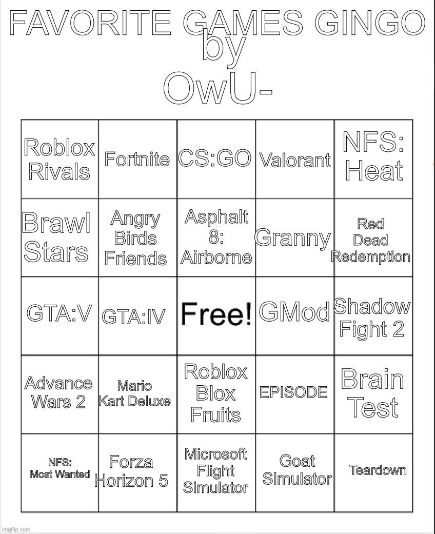 Blank Bingo | by OwU-; FAVORITE GAMES GINGO; CS:GO; Fortnite; NFS: Heat; Roblox Rivals; Valorant; Asphalt 8: Airborne; Brawl Stars; Red Dead Redemption; Granny; Angry Birds Friends; GMod; GTA:V; Shadow Fight 2; GTA:IV; Advance Wars 2; Mario Kart Deluxe; Brain Test; EPISODE; Roblox Blox Fruits; Forza Horizon 5; Teardown; NFS: Most Wanted; Microsoft Flight Simulator; Goat Simulator | image tagged in blank bingo | made w/ Imgflip meme maker