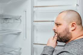 Fat man pondering at emtpty fridge Blank Meme Template