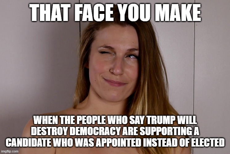 That Face You make | THAT FACE YOU MAKE; WHEN THE PEOPLE WHO SAY TRUMP WILL DESTROY DEMOCRACY ARE SUPPORTING A CANDIDATE WHO WAS APPOINTED INSTEAD OF ELECTED | image tagged in democracy,appointed,stupid idea | made w/ Imgflip meme maker