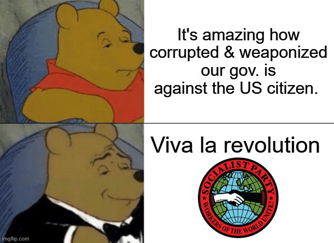 In plain english THE DEMOCRAT PARTY. Come on guys admit it stop hiding behind democracy. | It's amazing how corrupted & weaponized our gov. is against the US citizen. Viva la revolution | image tagged in memes,tuxedo winnie the pooh | made w/ Imgflip meme maker