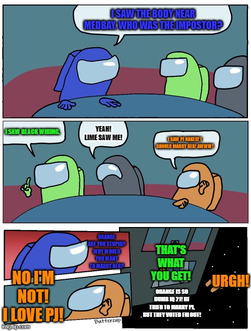 Bruh Orange, WTF? | I SAW THE BODY NEAR MEDBAY. WHO WAS THE IMPOSTOR? I SAW BLACK WIRING. YEAH! LIME SAW ME! I SAW PJ NAKED! I SHOULD MARRY HER! AWWW! ORANGE ARE YOU STUPID? WHY WOULD YOU WANT TO MARRY HER? URGH! THAT'S WHAT YOU GET! NO I'M NOT! I LOVE PJ! ORANGE IS SO DUMB IQ 21! HE TRIED TO MARRY PJ, BUT THEY VOTED EM OUT! | image tagged in among us meeting | made w/ Imgflip meme maker