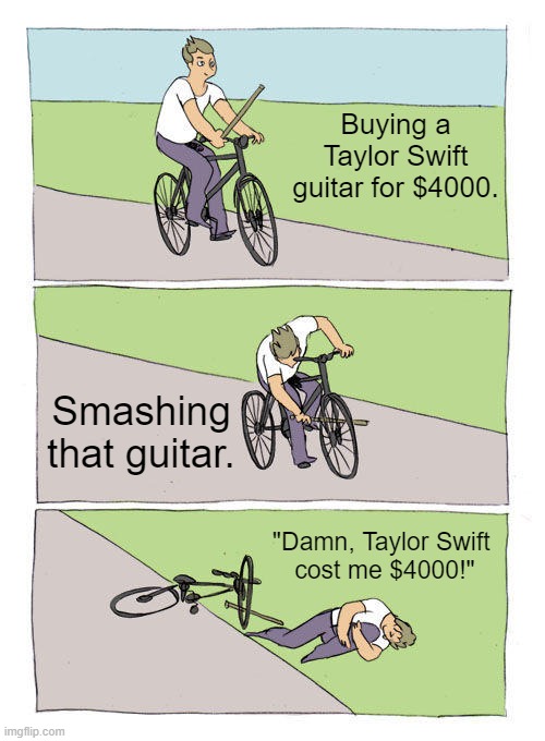 Bike Fall | Buying a Taylor Swift guitar for $4000. Smashing that guitar. "Damn, Taylor Swift 
cost me $4000!" | image tagged in memes,bike fall,taylor swift,guitar | made w/ Imgflip meme maker