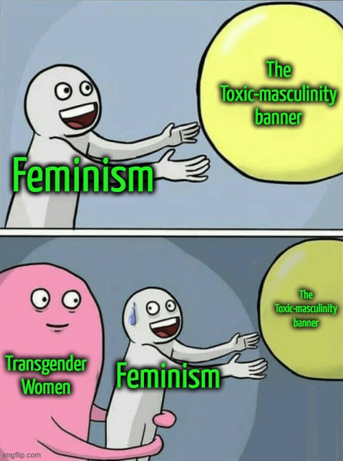 Masculinity & Femininity: Destroying One, Destroys the Other | The Toxic-masculinity banner; Feminism; The Toxic-masculinity banner; Transgender Women; Feminism | image tagged in memes,running away balloon | made w/ Imgflip meme maker