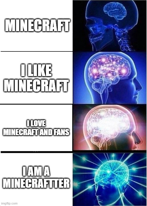 Expanding Brain | MINECRAFT; I LIKE MINECRAFT; I LOVE MINECRAFT AND FANS; I AM A MINECRAFTTER | image tagged in memes,expanding brain | made w/ Imgflip meme maker