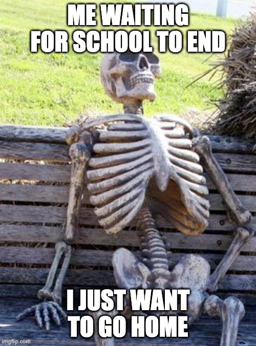 I hate school | ME WAITING FOR SCHOOL TO END; I JUST WANT TO GO HOME | image tagged in memes,waiting skeleton | made w/ Imgflip meme maker