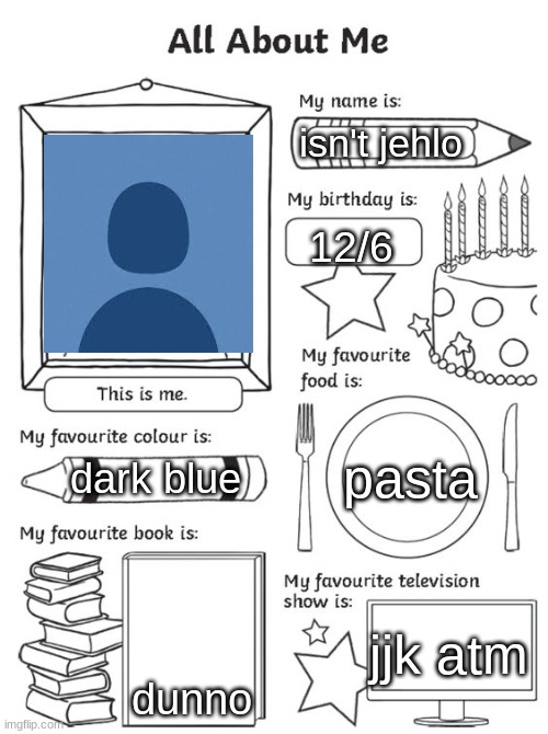 all about me | isn't jehlo; 12/6; pasta; dark blue; dunno; jjk atm | image tagged in all about me | made w/ Imgflip meme maker