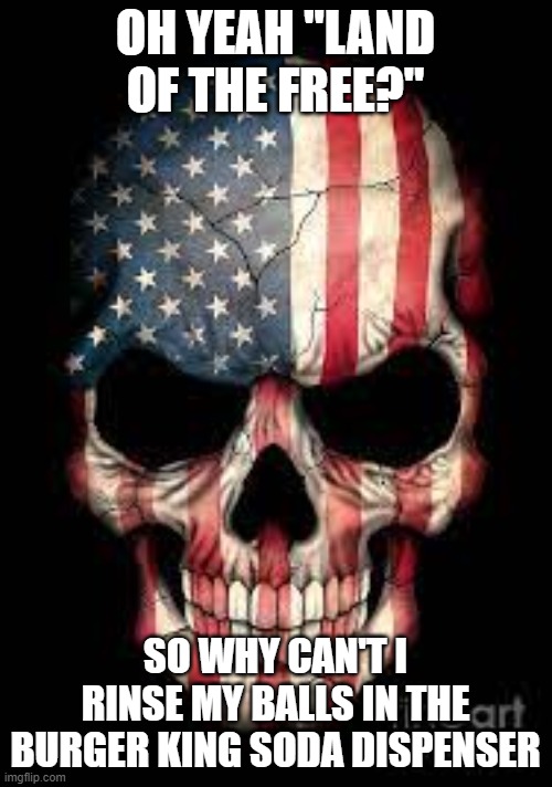 American skull | OH YEAH "LAND OF THE FREE?" SO WHY CAN'T I RINSE MY BALLS IN THE BURGER KING SODA DISPENSER | image tagged in american skull | made w/ Imgflip meme maker