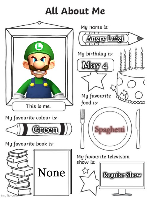 all about me | Angry Luigi; May 4; Spaghetti; Green; None; Regular Show | image tagged in all about me | made w/ Imgflip meme maker