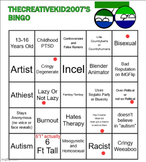 TheCreativeKid2007's Official Bingo | 6'1" actually | image tagged in thecreativekid2007's official bingo | made w/ Imgflip meme maker