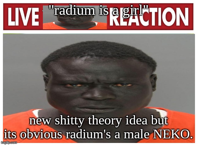 live convict reaction | "radium is a girl"; new shitty theory idea but its obvious radium's a male NEKO. | image tagged in live convict reaction | made w/ Imgflip meme maker