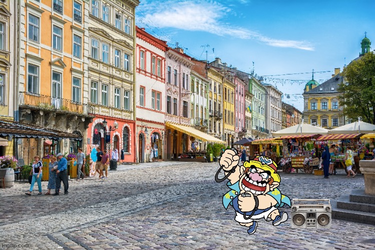 wario in lviv during his vacation | image tagged in wario,lviv,ukraine,vacation | made w/ Imgflip meme maker