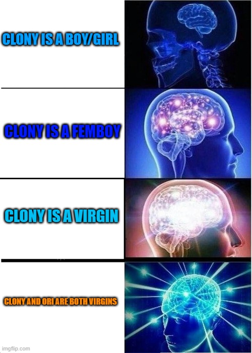 What Gender Is Clony? | CLONY IS A BOY/GIRL; CLONY IS A FEMBOY; CLONY IS A VIRGIN; CLONY AND ORI ARE BOTH VIRGINS | image tagged in memes,expanding brain | made w/ Imgflip meme maker