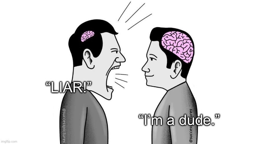 . | “LIAR!”; “I’m a dude.” | image tagged in small brain yelling at big brain | made w/ Imgflip meme maker
