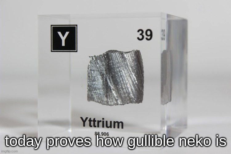 almost as gullible as braxton | today proves how gullible neko is | image tagged in yttrium announcement temp | made w/ Imgflip meme maker