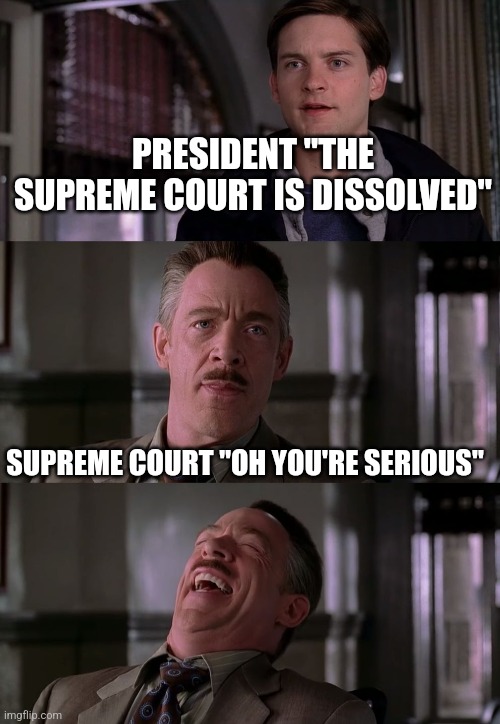 Jameson Laugh | PRESIDENT "THE SUPREME COURT IS DISSOLVED" SUPREME COURT "OH YOU'RE SERIOUS" | image tagged in jameson laugh | made w/ Imgflip meme maker