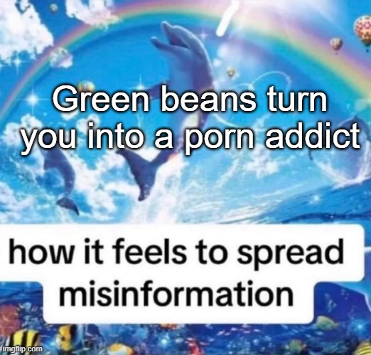 How it feels to spread misinformation | Green beans turn you into a porn addict | image tagged in how it feels to spread misinformation | made w/ Imgflip meme maker