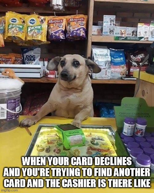 WHEN YOUR CARD DECLINES AND YOU'RE TRYING TO FIND ANOTHER CARD AND THE CASHIER IS THERE LIKE | image tagged in cashier,credit card | made w/ Imgflip meme maker