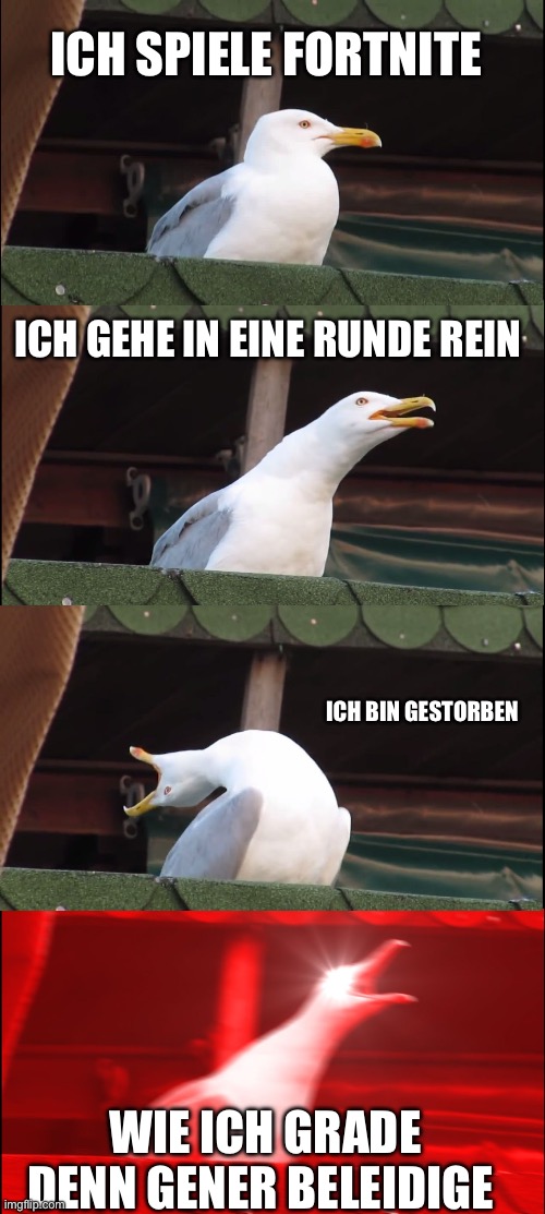 Inhaling Seagull | ICH SPIELE FORTNITE; ICH GEHE IN EINE RUNDE REIN; ICH BIN GESTORBEN; WIE ICH GRADE DENN GENER BELEIDIGE | image tagged in memes,inhaling seagull | made w/ Imgflip meme maker