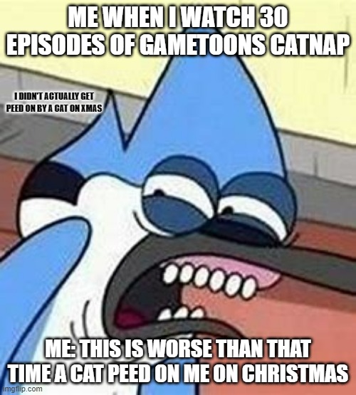 Gametoons Catnap sucks | ME WHEN I WATCH 30 EPISODES OF GAMETOONS CATNAP; I DIDN'T ACTUALLY GET PEED ON BY A CAT ON XMAS; ME: THIS IS WORSE THAN THAT TIME A CAT PEED ON ME ON CHRISTMAS | image tagged in eww mordecai | made w/ Imgflip meme maker