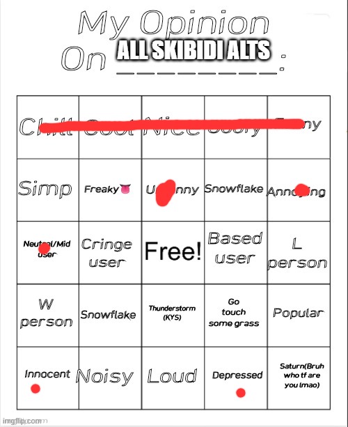 dropped honest opinion. (snowflake test) | ALL SKIBIDI ALTS | image tagged in remake my opinion on ________ bingo by andika,vinny x theyesninja | made w/ Imgflip meme maker