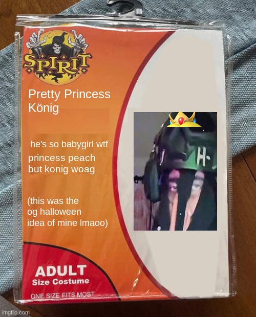 halloween idea #1 | Pretty Princess
König; he's so babygirl wtf; princess peach but konig woag; (this was the og halloween idea of mine lmaoo) | image tagged in spirit halloween | made w/ Imgflip meme maker