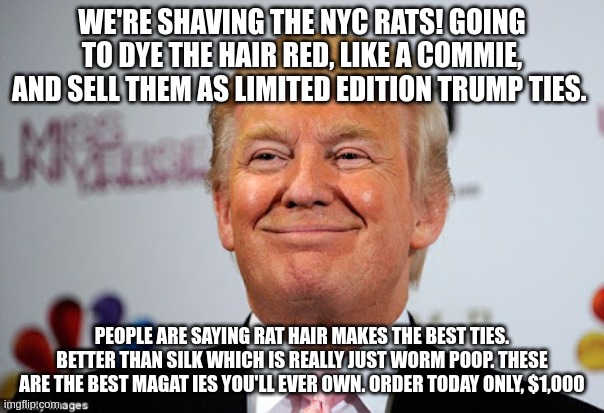 They're shaving the rats! | WE'RE SHAVING THE NYC RATS! GOING TO DYE THE HAIR RED, LIKE A COMMIE, AND SELL THEM AS LIMITED EDITION TRUMP TIES. PEOPLE ARE SAYING RAT HAIR MAKES THE BEST TIES. BETTER THAN SILK WHICH IS REALLY JUST WORM POOP. THESE ARE THE BEST MAGAT IES YOU'LL EVER OWN. ORDER TODAY ONLY, $1,000 | image tagged in donald trump approves | made w/ Imgflip meme maker