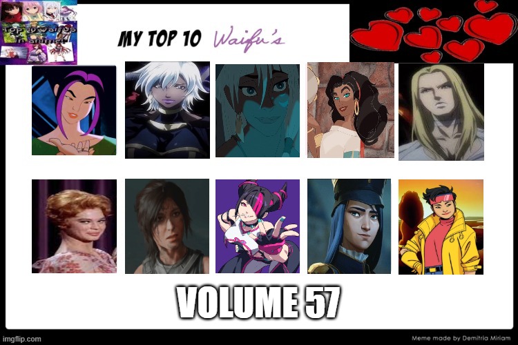 top 10 waifus volume 57 | VOLUME 57 | image tagged in the 10 waifus,top 10,x-men,tomb raider,disney,comics/cartoons | made w/ Imgflip meme maker