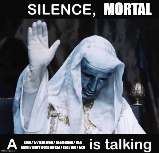 Silence Y, Z is talking correct spacing | MORTAL; Jake / 17 / Half Wolf / Half Demon / Half Angel / Don't touch my tail / evil / hot / rich | image tagged in silence y z is talking correct spacing | made w/ Imgflip meme maker
