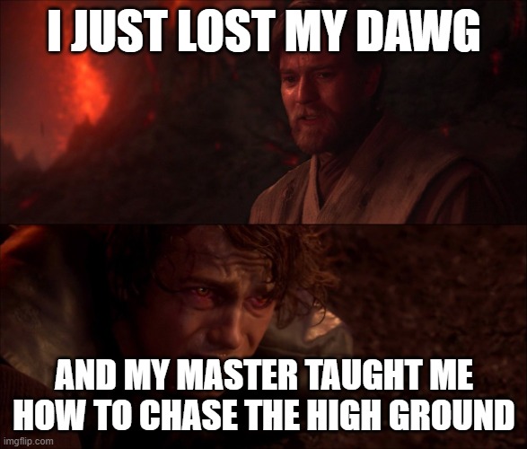 I loved you, but I hate you | I JUST LOST MY DAWG; AND MY MASTER TAUGHT ME HOW TO CHASE THE HIGH GROUND | image tagged in i loved you but i hate you,anakin skywalker,star wars prequels,skibidi toilet,gyatt,goofy ahh | made w/ Imgflip meme maker