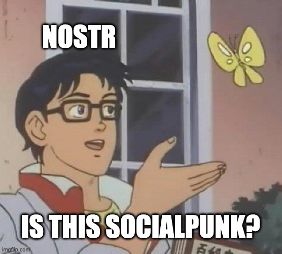 Is This A Pigeon Meme | NOSTR; IS THIS SOCIALPUNK? | image tagged in memes,is this a pigeon | made w/ Imgflip meme maker