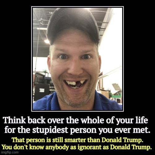 Smarter than Trump? Smarter than Trump. | Think back over the whole of your life  

for the stupidest person you ever met. | That person is still smarter than Donald Trump. You don't | image tagged in funny,demotivationals,trump,stupid,dumb,idiot | made w/ Imgflip demotivational maker