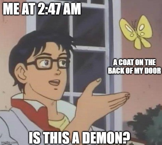 my half asleep brain thinks like a 2 year old | ME AT 2:47 AM; A COAT ON THE BACK OF MY DOOR; IS THIS A DEMON? | image tagged in is this butterfly | made w/ Imgflip meme maker