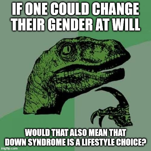 If one can change their gender at will, would that also mean that Down syndrome is a lifestyle choice | IF ONE COULD CHANGE THEIR GENDER AT WILL; WOULD THAT ALSO MEAN THAT DOWN SYNDROME IS A LIFESTYLE CHOICE? | image tagged in memes,philosoraptor | made w/ Imgflip meme maker