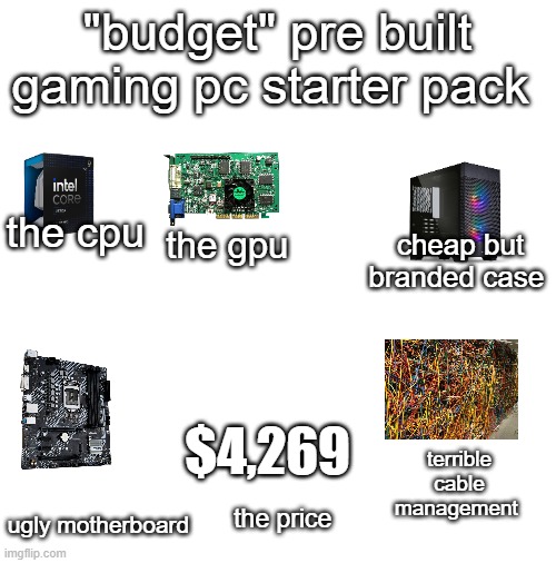 just build your own at this point | "budget" pre built gaming pc starter pack; the cpu; cheap but branded case; the gpu; $4,269; terrible cable management; ugly motherboard; the price | image tagged in memes,pc gaming,gaming,computer,why are you reading the tags,you have been eternally cursed for reading the tags | made w/ Imgflip meme maker