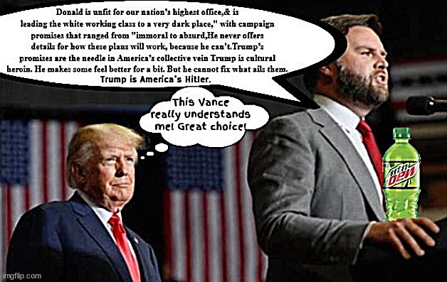 Vance convinces Trump he's the guy | image tagged in jd vance critiques trump,america's hitler,trump's 2nd vp oick,furniture fornicator,master debater,childless cat ladies | made w/ Imgflip meme maker