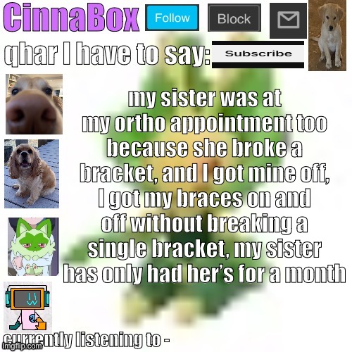 CinnaBox’s 144p Leavanny temp | my sister was at my ortho appointment too because she broke a bracket, and I got mine off, I got my braces on and off without breaking a single bracket, my sister has only had her’s for a month | image tagged in cinnabox s 144p leavanny temp | made w/ Imgflip meme maker