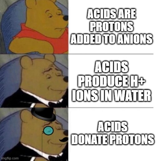 What is an acid - DW's tasty gen chem memes | ACIDS ARE PROTONS ADDED TO ANIONS; ACIDS PRODUCE H+ IONS IN WATER; ACIDS DONATE PROTONS | image tagged in tuxedo winnie the pooh 3 panel | made w/ Imgflip meme maker