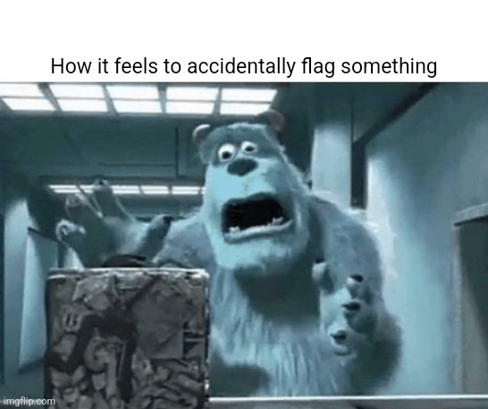 Sully finds the cube | How it feels to accidentally flag something | image tagged in sully finds the cube | made w/ Imgflip meme maker