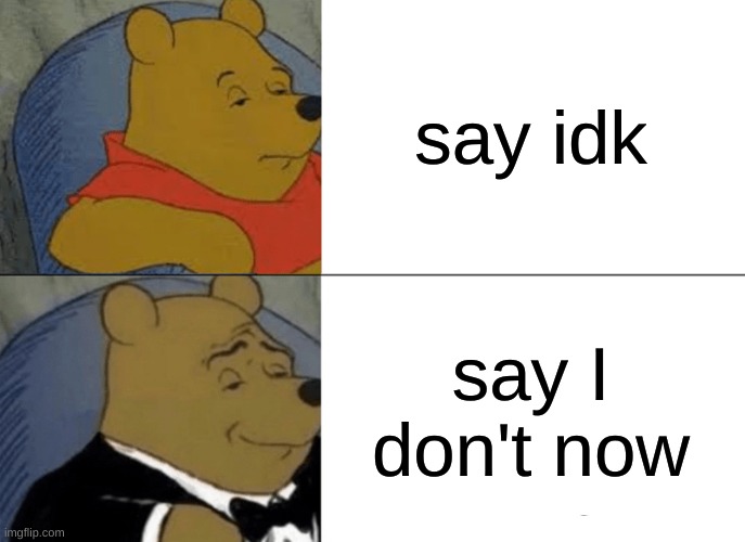 say I don't now | say idk; say I don't now | image tagged in memes,tuxedo winnie the pooh | made w/ Imgflip meme maker