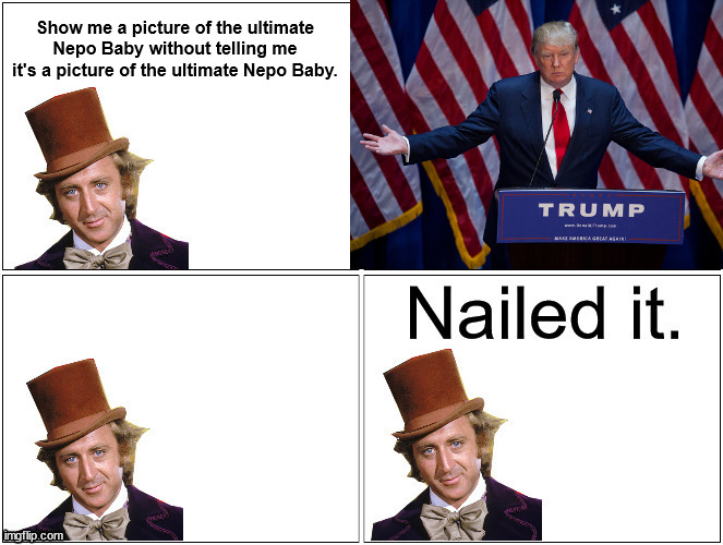 Nailed It Wonka | Show me a picture of the ultimate Nepo Baby without telling me it's a picture of the ultimate Nepo Baby. | image tagged in nailed it wonka | made w/ Imgflip meme maker