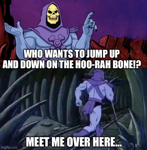 General Insanity | WHO WANTS TO JUMP UP AND DOWN ON THE HOO-RAH BONE!? MEET ME OVER HERE… | image tagged in he man skeleton advices,jump,bone,boners,ftw,journey | made w/ Imgflip meme maker